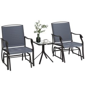 3 Piece Outdoor Glider Chair with Coffee Table Bistro Set, 2 Patio Rocking Swing Chairs with Breathable Sling Fabric, Glass Tabletop, for Backya (Option: Brown Frame, Grey Fabric-1170x645x215 mm)